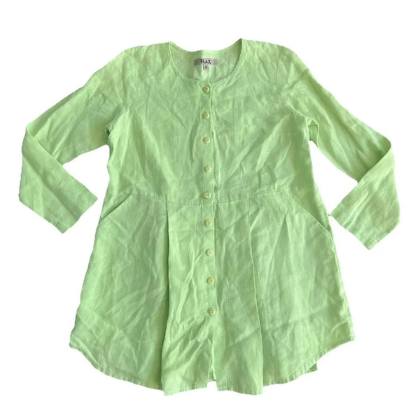 Flax 100% Linen Dress Small Green Button Down Pockets Long Sleeve Tunic Pleated - Picture 3 of 13